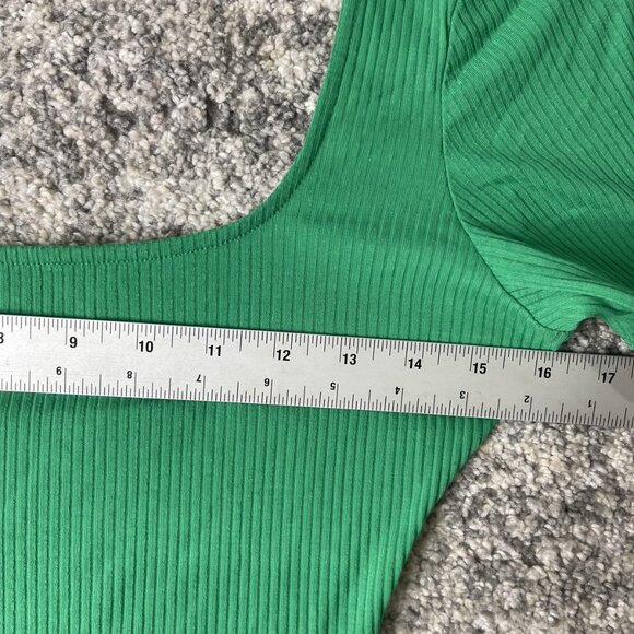 Sézane Bodysuit Womens Small Green Ribbed Short Sleeve Square Neck Stretchy Top - Picture 3 of 6
